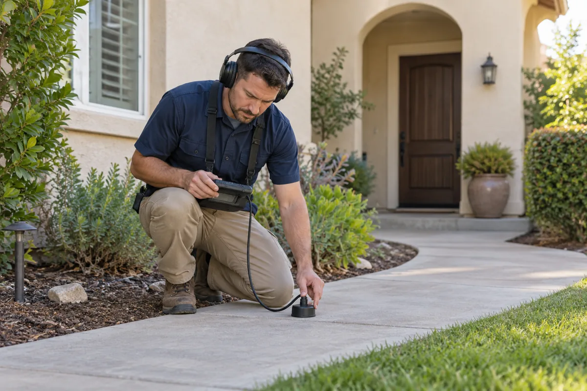 Professional using listening equipment to investigate an outdoor water leak
