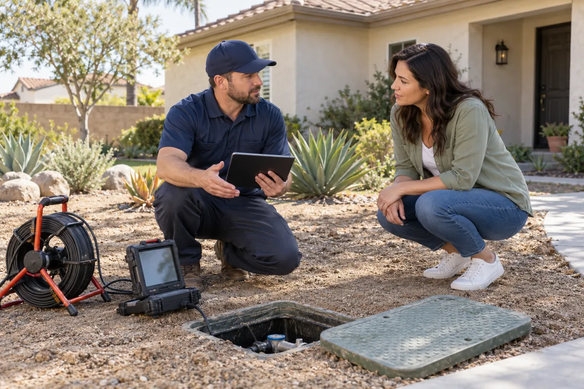 Homeowner discussing a residential water line problem with a professional