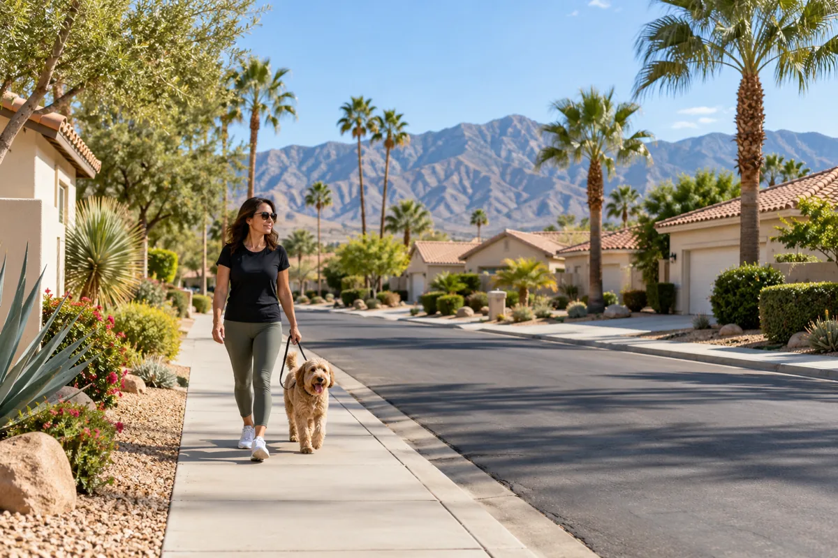 Illustrative inland Southern California residential street with mountain views