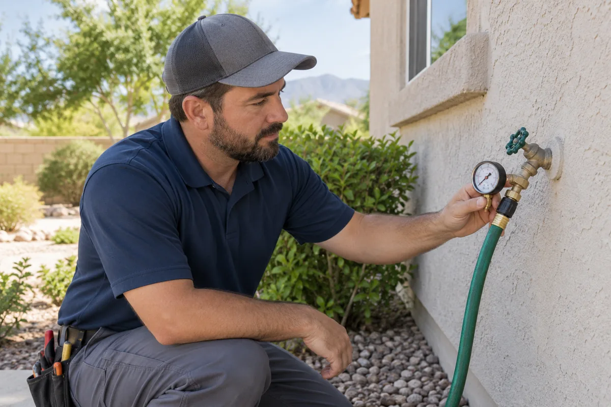 Professional checking water pressure at an outdoor hose connection