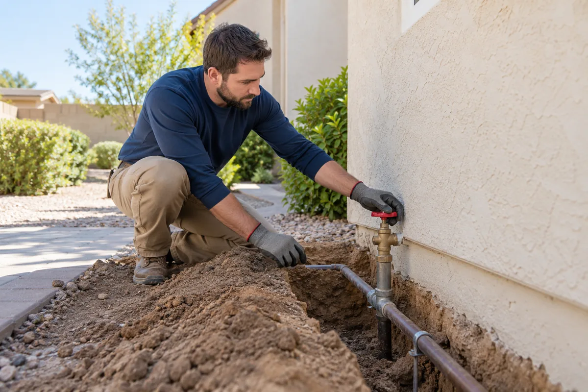 Professional examining an exposed residential water supply connection